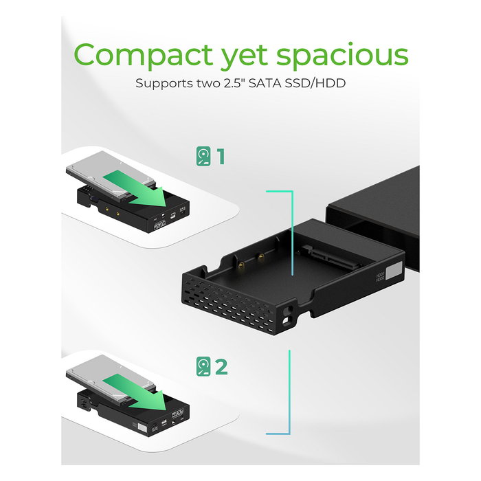 ICY BOX IB-RD2253-C31 Carcasa RAID para 2 HDD/SSD 2.5", USB-C 3.2 Gen 2, 10 Gb/s, SATA III, Negro, Aluminio/Plástico