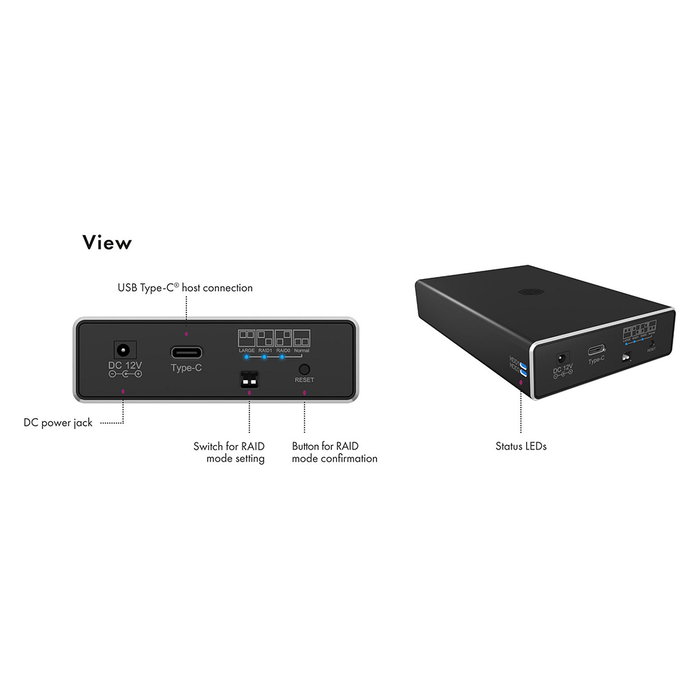 ICY BOX IB-RD2253-C31 Carcasa RAID para 2 HDD/SSD 2.5", USB-C 3.2 Gen 2, 10 Gb/s, SATA III, Negro, Aluminio/Plástico