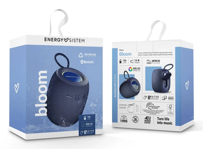 Energy Sistem Altavoz Portátil Bluetooth Bloom, 10W, True Wireless Stereo, Resistente al Agua IPX6, 18h Batería, Luces LED, Color Azul