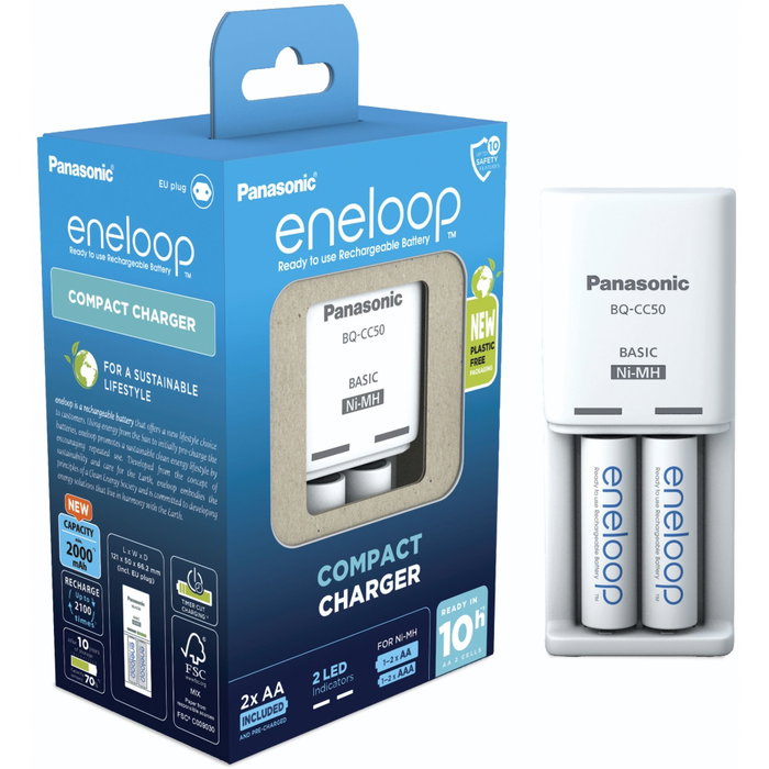 Panasonic Eneloop BW-CC50 con 2 baterías AA de 2000 mAh Panasonic Eneloop BW-CC50 con 2 baterías AA de 2000 mAh