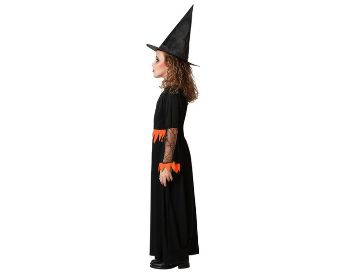 Disfraz Infantil Traje Largo de Bruja Negro con Detalles Naranja y Sombrero para Niña 7-9 Años Halloween
