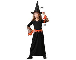 Disfraz Infantil Traje Largo de Bruja Negro con Detalles Naranja y Sombrero para Niña 7-9 Años Halloween