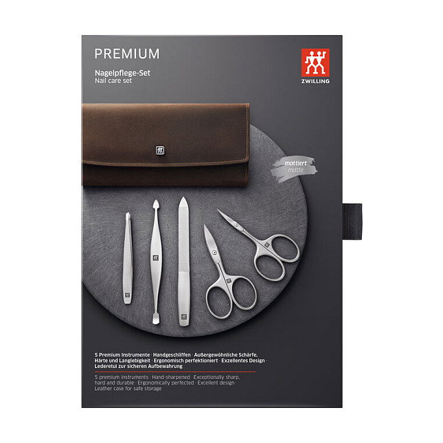 Zwilling 97407-007 Set Manicura y Pedicura de 5 Piezas con Tijera de Uñas y Cuero, Acero Inoxidable - Plata/Marrón