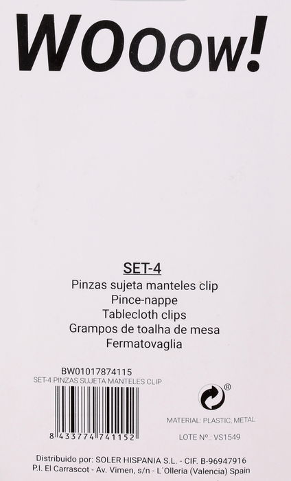Wooow Set-4 Pinzas Sujeta Manteles Clip Privilege 2 x 11 x 19 cm (36 Unidades)