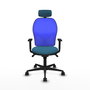 Silla de oficina Jorquera con mecanismo Sincro tapizada con Tela color Verde petróleo y malla color Azul. Equipada con lumbar 1D, Brazos 1D, Cabecero 2D y Ruedas 65mm nailon