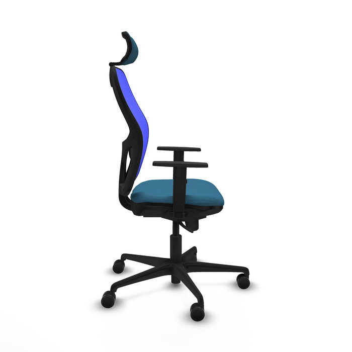 Silla de oficina Jorquera con mecanismo Sincro tapizada con Tela color Verde petróleo y malla color Azul. Equipada con lumbar 1D, Brazos 1D, Cabecero 2D y Ruedas 65mm nailon Silla de oficina Jorquera con mecanismo Sincro tapizada con Tela color Verde petróleo y malla color Azul. Equipada con lumbar 1D, Brazos 1D, Cabecero 2D y Ruedas 65mm nailon
