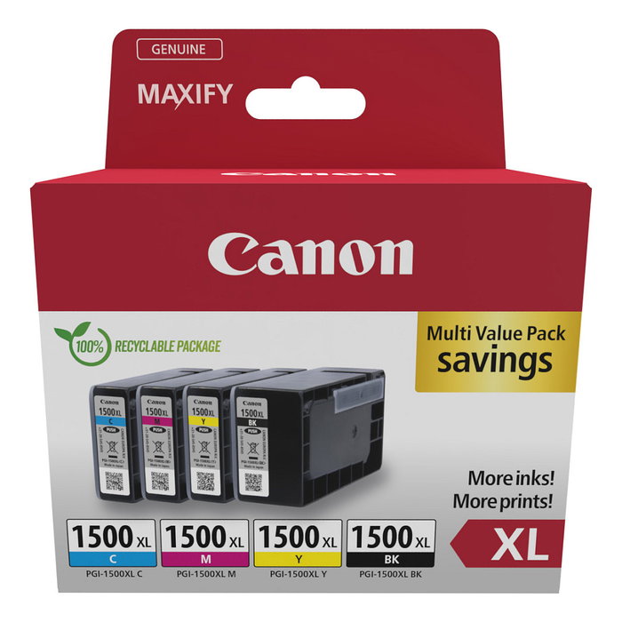 Canon PGI-1500XL Multipack de 4 Cartuchos de Tinta XL (BK/C/M/Y) Original