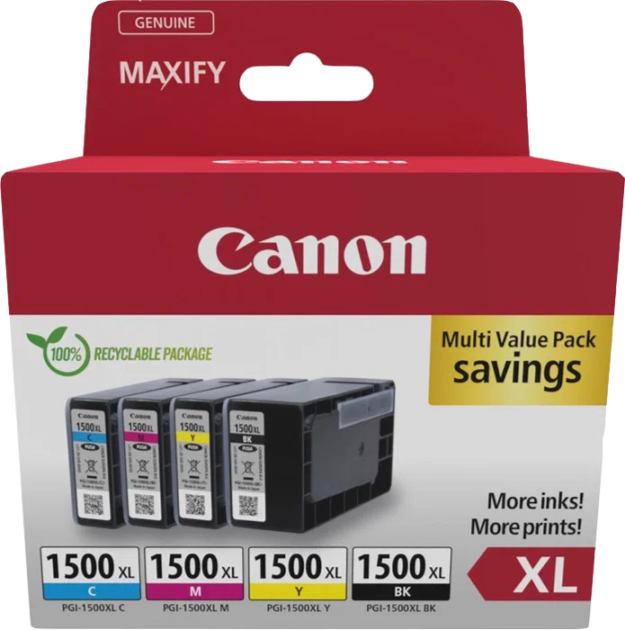 Canon PGI-1500XL Multipack de 4 cartuchos de tinta XL (Negro, Cian, Magenta, Amarillo)
