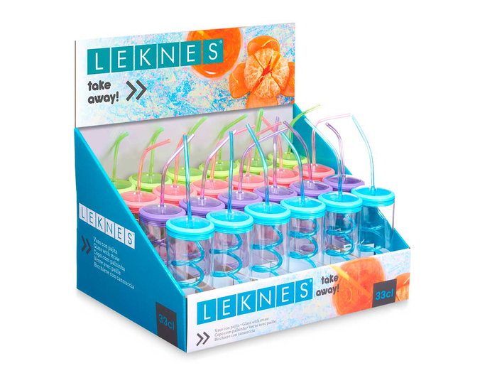 Leknes Vaso Pajita Espiral Surtidos Col 330ml 7.5x24x6 cm (Set de 48)