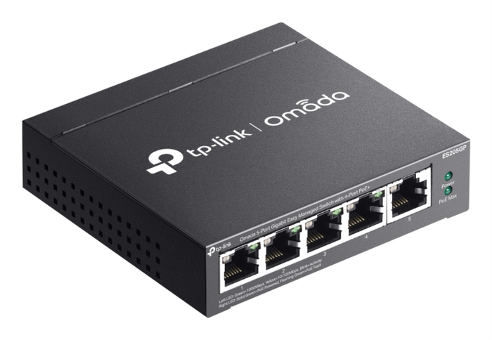 TP-Link Omada ES205GP Switch Gestionado Gigabit Ethernet 5 Puertos, 4 Puertos PoE+ (30W), 10 Gbps, Montaje Pared, Negro