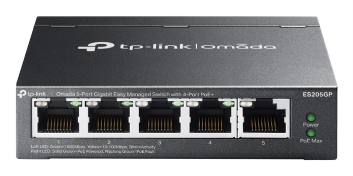 TP-Link Omada ES205GP Switch Gestionado Gigabit Ethernet 5 Puertos, 4 Puertos PoE+ (30W), 10 Gbps, Montaje Pared, Negro