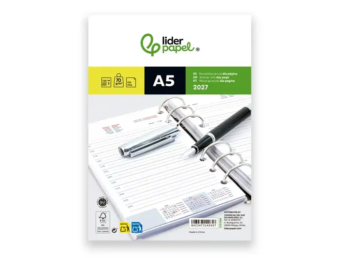 Liderpapel Recambio Agenda Anillas 2027 DIN A5 Página Diaria Bilingüe
