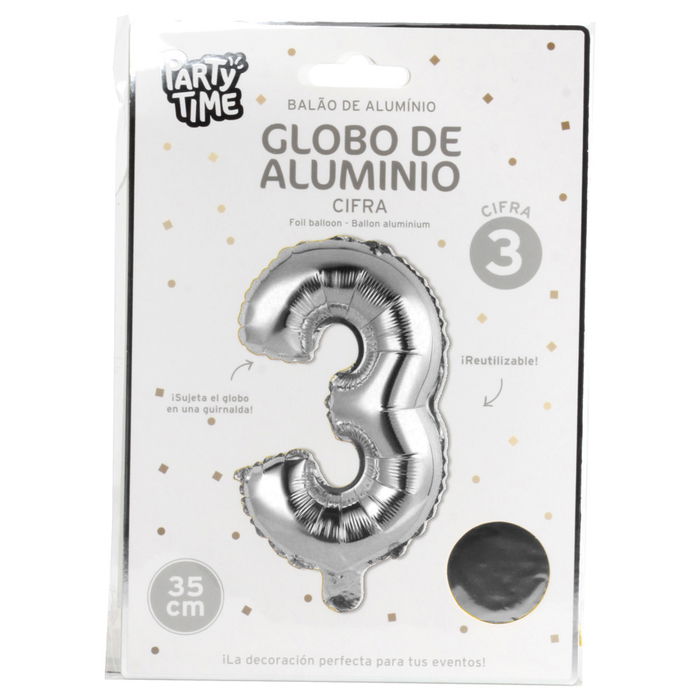 Party Time Globo Cifra 3 Plata Altura 35 cm