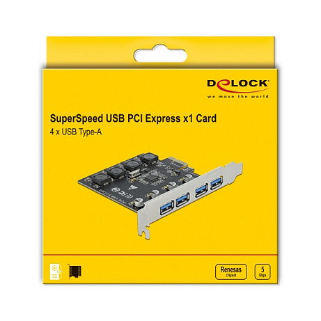 DeLOCK Tarjeta PCI Express x1 a 4 Puertos Externos USB Tipo-A SuperSpeed 5 Gbps USB 3.2 Gen 1 (PCIe 2.0), Para Windows 10/8 y Linux DeLOCK Tarjeta PCI Express x1 a 4 Puertos Externos USB Tipo-A SuperSpeed 5 Gbps USB 3.2 Gen 1 (PCIe 2.0), Para Windows 10/8 y Linux
