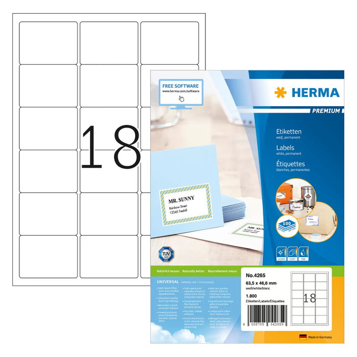 HERMA 4265 Etiquetas de dirección blancas 63,5 x 46,6 mm HERMA 4265 Etiquetas de dirección blancas 63,5 x 46,6 mm