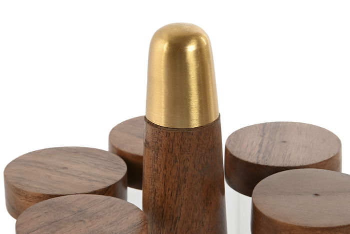 DKD Home Decor Woodsun 23 Especiero Set 6 Piezas Acacia, Inox Natural Dorado 20.3 x 20 x 20.3 cm