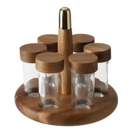 DKD Home Decor Woodsun 23 Especiero Set 6 Piezas Acacia, Inox Natural Dorado 20.3 x 20 x 20.3 cm