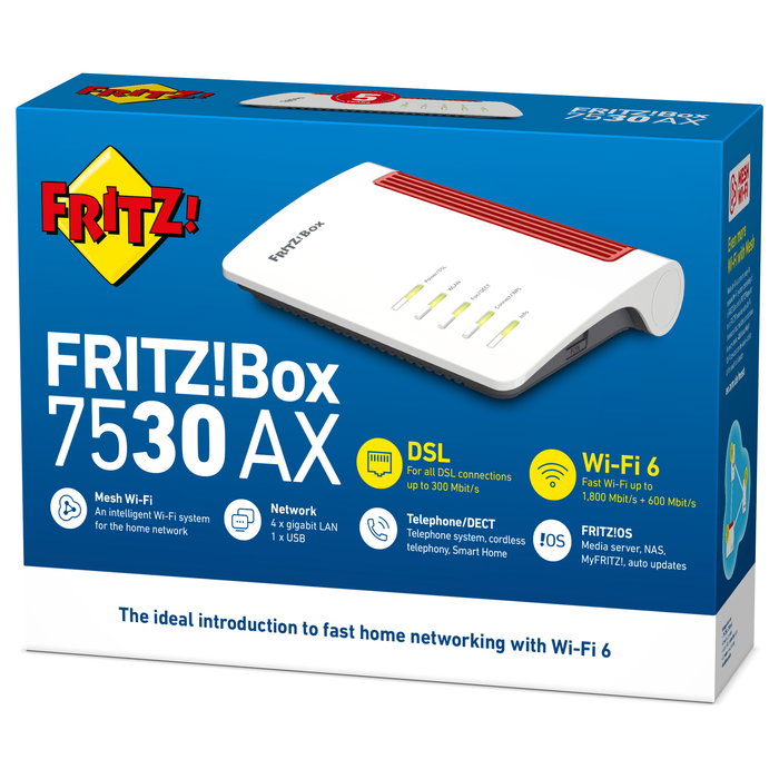 FRITZ!Box 7530 AX Router WiFi 6 Dual-Band con DSL, 4 puertos Gigabit Ethernet, VoIP DECT y soporte 3G, Color Blanco