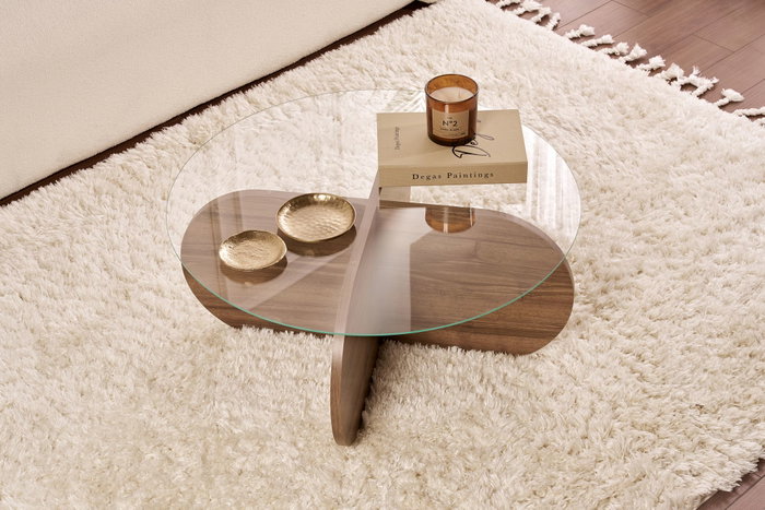 Nordure Mesa de Café con Vidrio Templado y Tablero de Partículas Melaminado, Nogal y Transparente