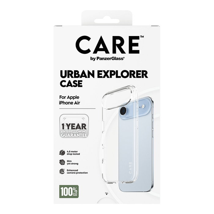 PanzerGlass CARE by Urban Explorer - Funda Protectora Transparente, Antigolpes y Antiamarilleamiento, para Apple iPhone Air, de Policarbonato Reciclado 100%