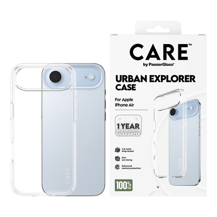 PanzerGlass CARE by Urban Explorer - Funda Protectora Transparente, Antigolpes y Antiamarilleamiento, para Apple iPhone Air, de Policarbonato Reciclado 100%
