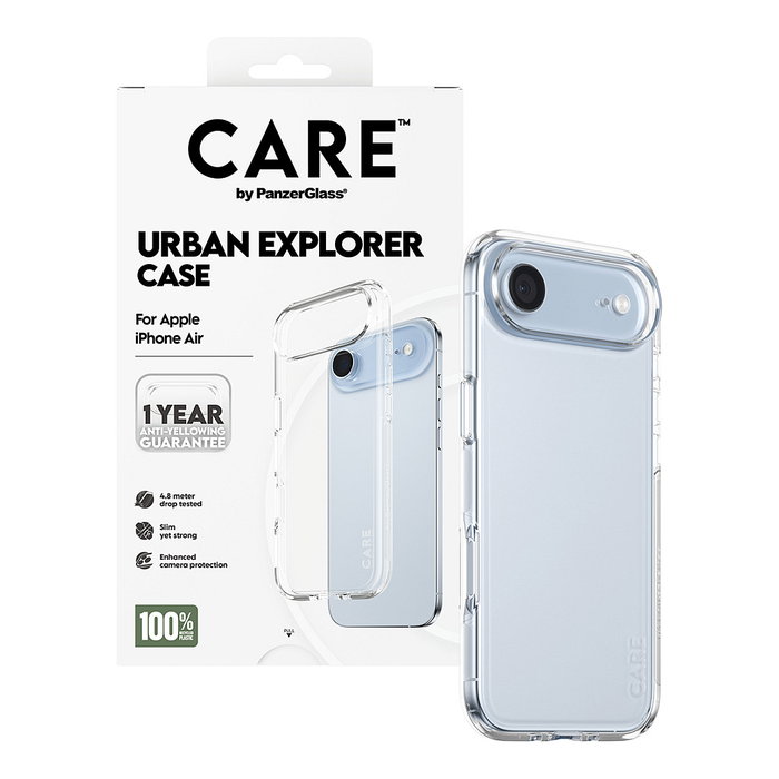 PanzerGlass CARE by Urban Explorer - Funda Protectora Transparente, Antigolpes y Antiamarilleamiento, para Apple iPhone Air, de Policarbonato Reciclado 100%