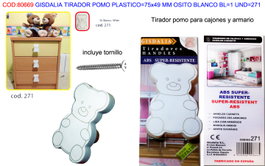 GISDALIA Tirador Pomo Osito Blanco 75x49 mm