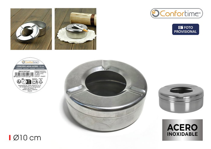 Inde Cenicero de Acero con Depósito de Agua, 9.4 x 9.4 x 3.2 cm (10 cm de Diámetro), Confortime - Color Plata (24 Unidades) Inde Cenicero de Acero con Depósito de Agua, 9.4 x 9.4 x 3.2 cm (10 cm de Diámetro), Confortime - Color Plata (24 Unidades)