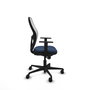 Silla de oficina Jorquera con mecanismo Sincro tapizada con Similpiel color Azul marino y malla color Blanco. Equipada con lumbar 1D, Brazos 1D y Ruedas 65mm nailon