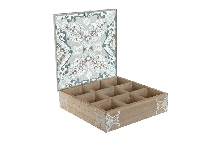 DKD Home Decor Caja Infusiones Delhi 2023 Estilo Indio Beige Azul Mdf Cristal Metal 24 x 6.5 x 24 cm