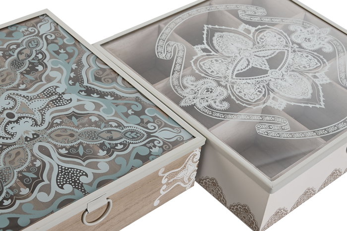 DKD Home Decor Caja Infusiones Delhi 2023 Estilo Indio Beige Azul Mdf Cristal Metal 24 x 6.5 x 24 cm