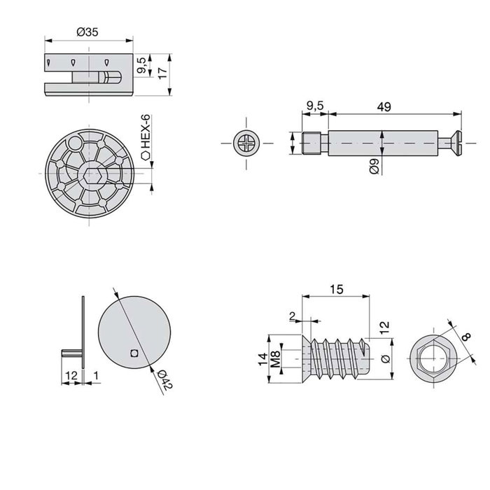 Emuca Lote de 10 excéntricas diámetro 35mm con perno y tuerca M8 con tapa de plástico blanco, para tablero 20mm, Zamak y Acero