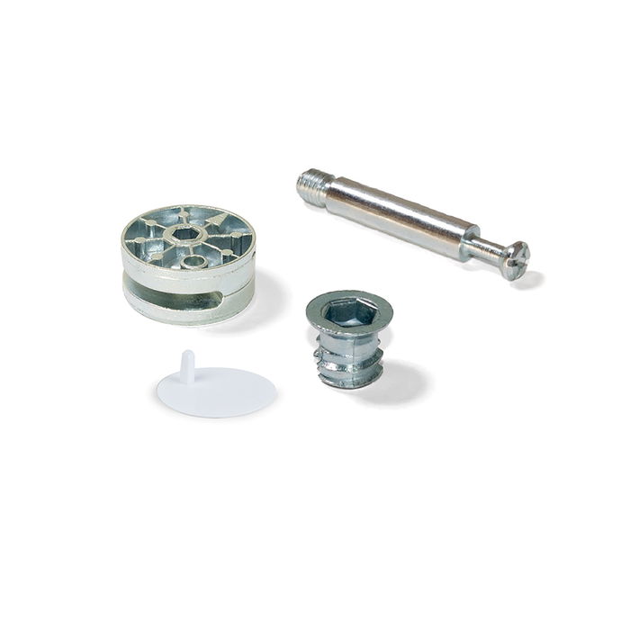 Emuca Lote de 10 excéntricas diámetro 35mm con perno y tuerca M8 con tapa de plástico blanco, para tablero 20mm, Zamak y Acero