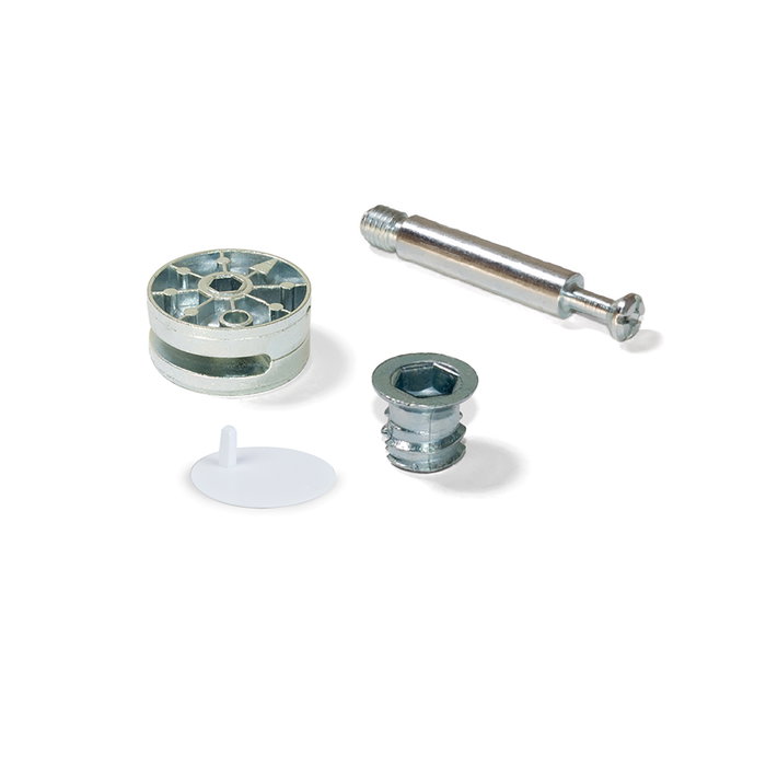 Emuca Lote de 10 excéntricas diámetro 35mm con perno y tuerca M8 con tapa de plástico blanco, para tablero 20mm, Zamak y Acero