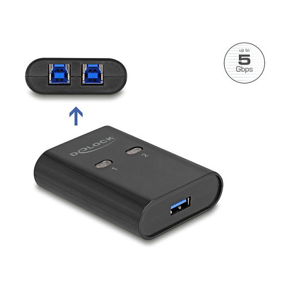 DeLOCK 11508 Interruptor USB 3.2 Gen 1 5 Gbps Switch para 2 PC compartir 1 dispositivo, negro, plástico, 5 Gbit/s