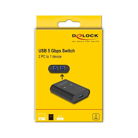 DeLOCK 11508 Interruptor USB 3.2 Gen 1 5 Gbps Switch para 2 PC compartir 1 dispositivo, negro, plástico, 5 Gbit/s