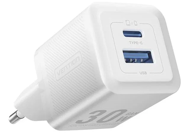 Vention Cargador de Pared GaN 30W con 2 Puertos USB-C y USB-A, Compatible con PPS/PD/QC 3.0, para Smartphones y Tablets (Blanco, FEQW0-EU) Vention Cargador de Pared GaN 30W con 2 Puertos USB-C y USB-A, Compatible con PPS/PD/QC 3.0, para Smartphones y Tablets (Blanco, FEQW0-EU)