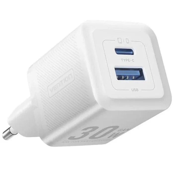 Vention Cargador de Pared GaN 30W con 2 Puertos USB-C y USB-A, Compatible con PPS/PD/QC 3.0, para Smartphones y Tablets (Blanco, FEQW0-EU) Vention Cargador de Pared GaN 30W con 2 Puertos USB-C y USB-A, Compatible con PPS/PD/QC 3.0, para Smartphones y Tablets (Blanco, FEQW0-EU)