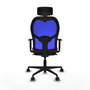 Silla de oficina Jorquera con mecanismo Sincro tapizada con Tela color Granate y malla color Azul. Equipada con lumbar 1D, Brazos 1D, Cabecero 2D y Ruedas 65mm nailon