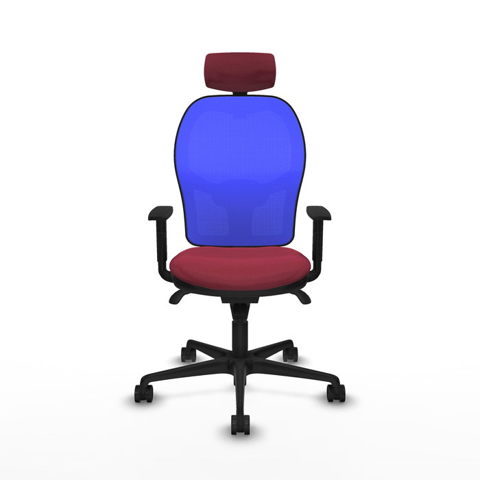 Silla de oficina Jorquera con mecanismo Sincro tapizada con Tela color Granate y malla color Azul. Equipada con lumbar 1D, Brazos 1D, Cabecero 2D y Ruedas 65mm nailon