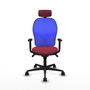Silla de oficina Jorquera con mecanismo Sincro tapizada con Tela color Granate y malla color Azul. Equipada con lumbar 1D, Brazos 1D, Cabecero 2D y Ruedas 65mm nailon