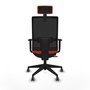 Silla de oficina Horna con mecanismo Sincro/Traslack tapizada con Tela color Naranja oscuro y malla color Negro. Equipada con lumbar 1D, Brazos 1D, Cabecero 2D y Ruedas 65 mm parqué