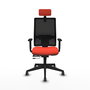 Silla de oficina Horna con mecanismo Sincro/Traslack tapizada con Tela color Naranja oscuro y malla color Negro. Equipada con lumbar 1D, Brazos 1D, Cabecero 2D y Ruedas 65 mm parqué