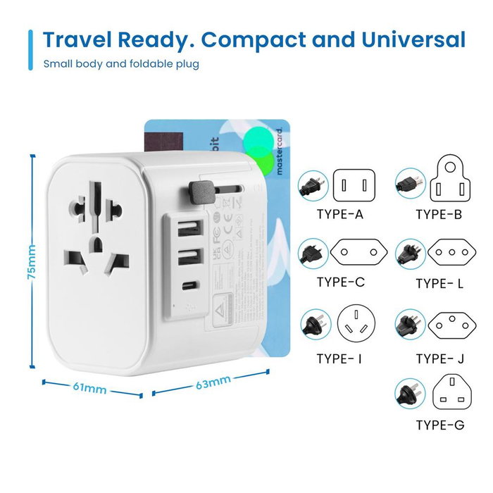 Ewent EW1475 Adaptador de Viaje Universal con 3 Puertos USB, Blanco
