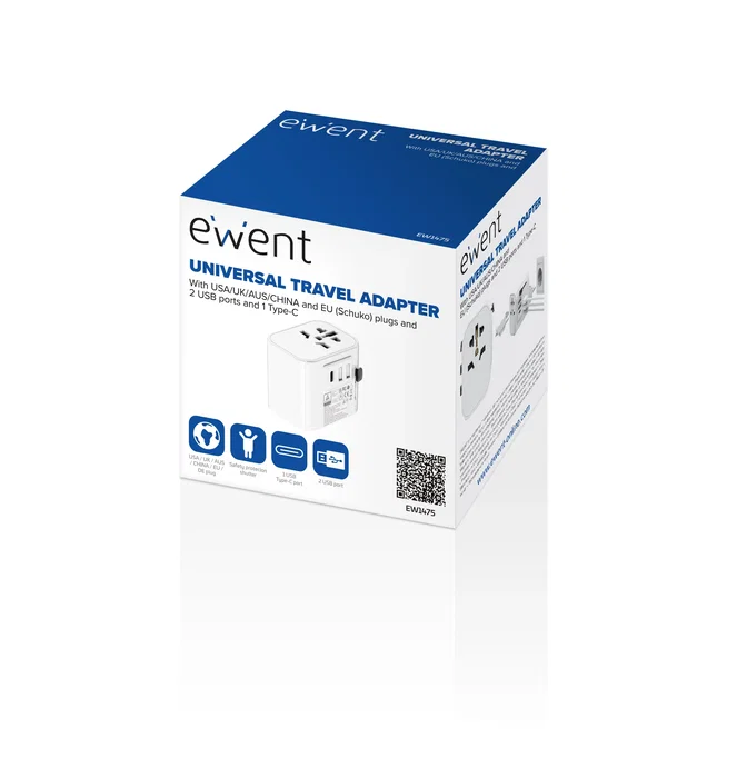 Ewent EW1475 Enchufe Adaptador Universal de Viaje con 2 Puertos USB-A y 1 USB-C, Compatible con USA, UK, UE, AUS, China y +224 Países, Blanco