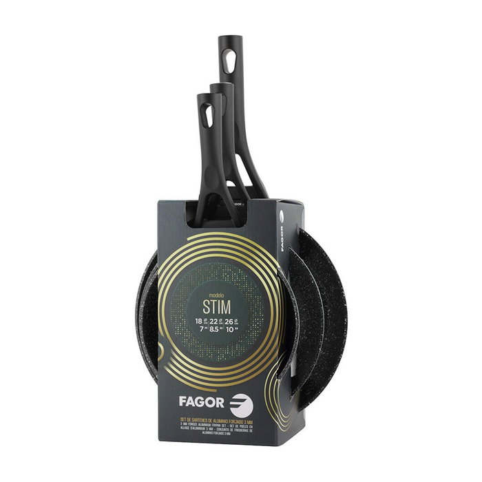 Fagor Set 3 sartenes Stim aluminio forjado Ø18 / Ø22 / Ø26 cm inducción Xylan Plus antiadherente
