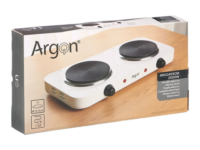 Argon Hornillo Eléctrico Doble Blanco, 2000W, Dimensiones 48 x 27 x 7 cm, Metal (Set de 4) Argon Hornillo Eléctrico Doble Blanco, 2000W, Dimensiones 48 x 27 x 7 cm, Metal (Set de 4)