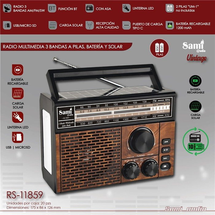 SAMI Radio Vintage Multimedia 3 Bandas - Radio de Transistores con Batería, Solar y Plug