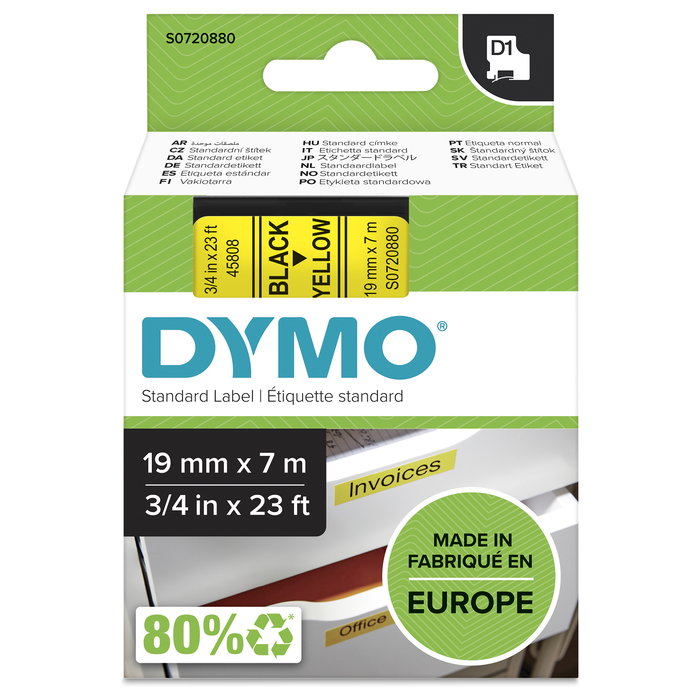 Dymo Cinta D1 Negro sobre Amarillo 19mm x 7m
