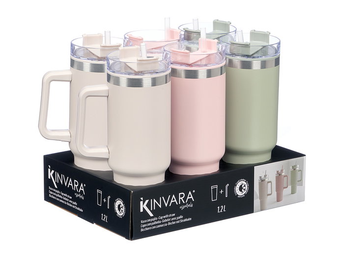 Kinvara Vaso con Pajita y Asa, Doble Capa, 1.2 Litros, Surtido Colores (Beige/Rosa/Verde), 14.5x30x10 cm (Set de 12)